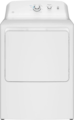 A single white GE dryer on a clean white background