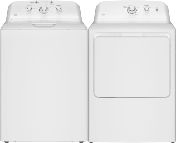 A white GE top-load washer and matching dryer set side by side on a clean white background