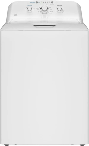 A single white GE top-load washer on a clean white background